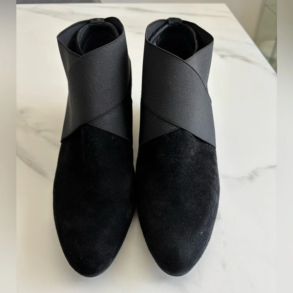 Stuart Weitzman black suede wedge booties with elastic straps size 8